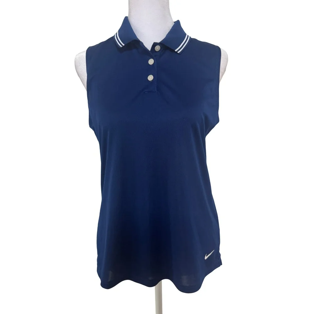 Nike Golf Sleeveless Polo Shirt Women's Athletic Navy Blue White Trim Sz S‎